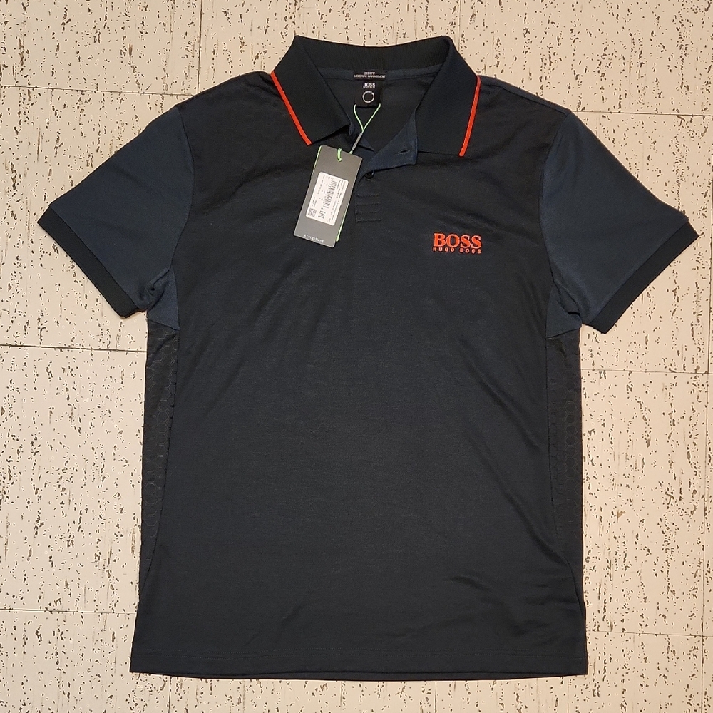 Hugo Boss Moisture Manager 1/4 Button Down Spellout Polo Shirt Black, Blue, Red